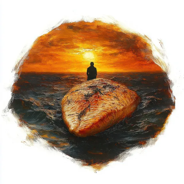 A silhouetted person sits on a grilled salmon floating in dark ocean water at sunset with an orange sky.