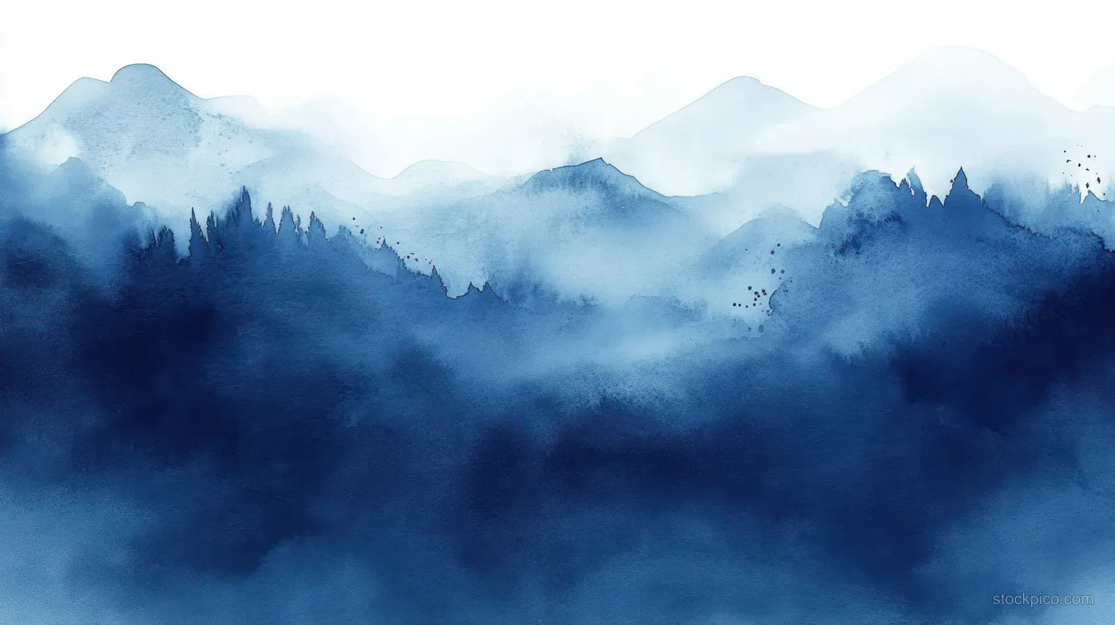 Watercolor mountains fade into deep navy mist with soft blue gradients and hazy layered peaks.