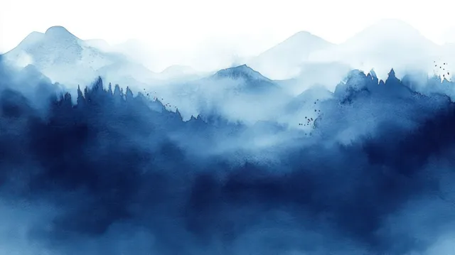 Watercolor mountains fade into deep navy mist with soft blue gradients and hazy layered peaks.