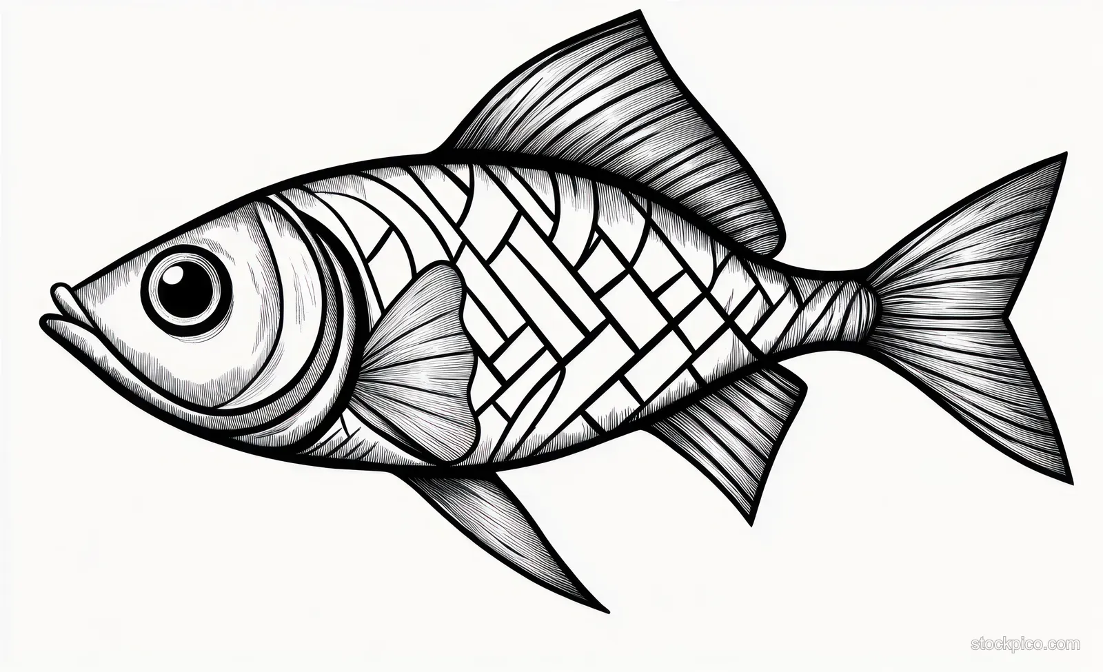 A black and white line drawing of a fish swimming with patterned scales and detailed fins.
