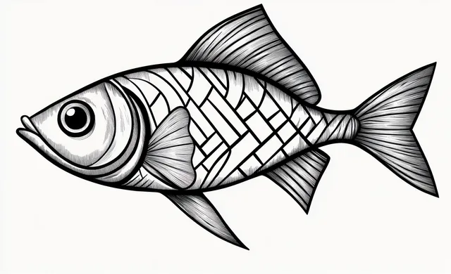 A black and white line drawing of a fish swimming with patterned scales and detailed fins.