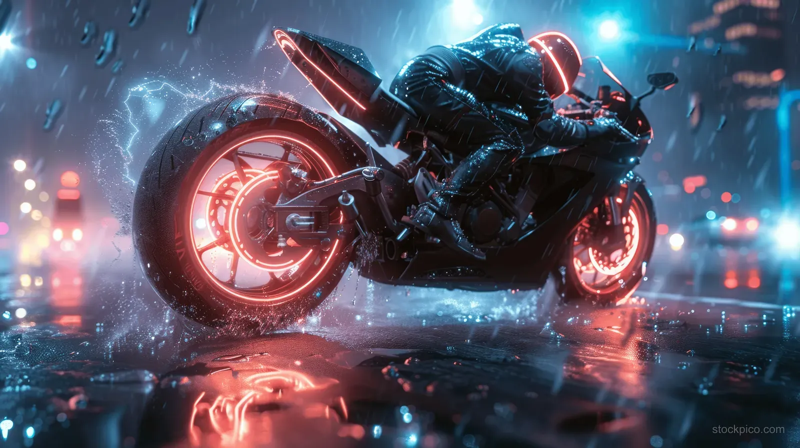 A motorcyclist speeds at night in neon rain, with wet street reflections and glowing lights around tall buildings.