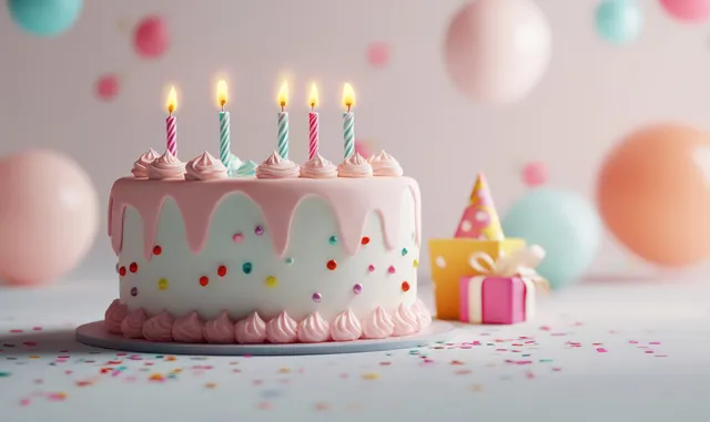 A birthday cake with five lit candles and pink frosting sits with confetti and gift boxes in pastel colors.