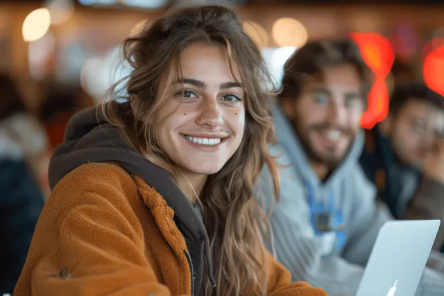 Smiling multiracial university student studying with laptop in campus canteen, others blurred behind