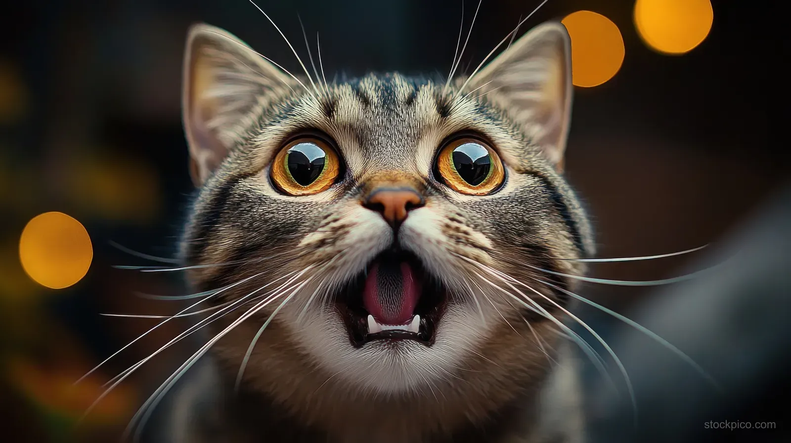 Surprised tabby cat close-up with open mouth and wide amber eyes against a blurred warm lights background.