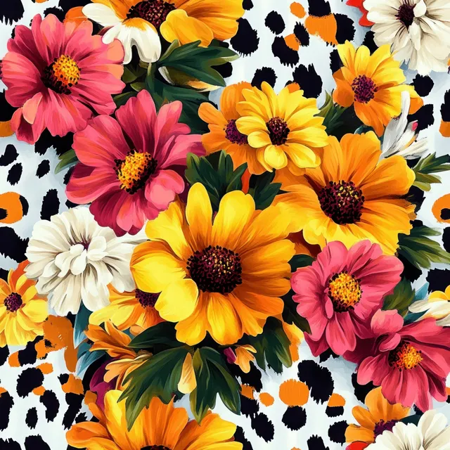 Peonies and daisies burst across a leopard-spotted watercolor pattern background