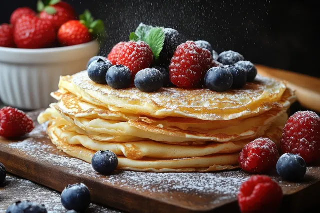 Golden pancakes dusted with powdered sugar sit on a wooden board topped with blueberries, raspberries, and a mint leaf.