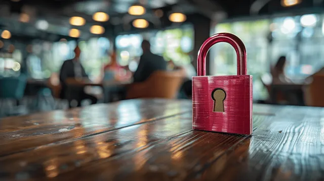 A red padlock rests on a wooden office table while blurred people and meeting lights fill the background.