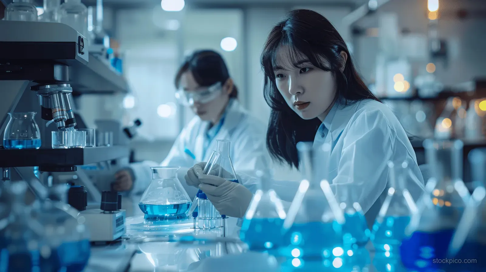 A scientist in a white lab coat pipettes blue liquid into glass flasks in a laboratory.
