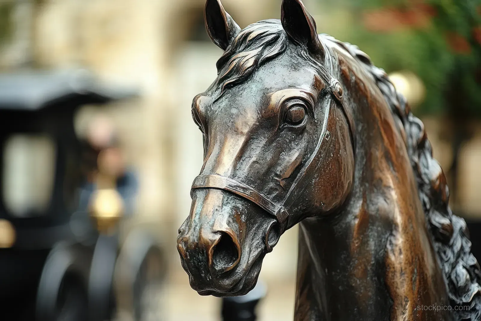 Close-up bronze horse statue head outdoors with textured mane, bridle, and a blurred garden background.