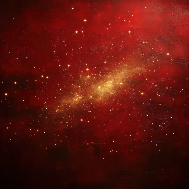 Red starry holiday background with scattered golden sparks and warm glow vignette.