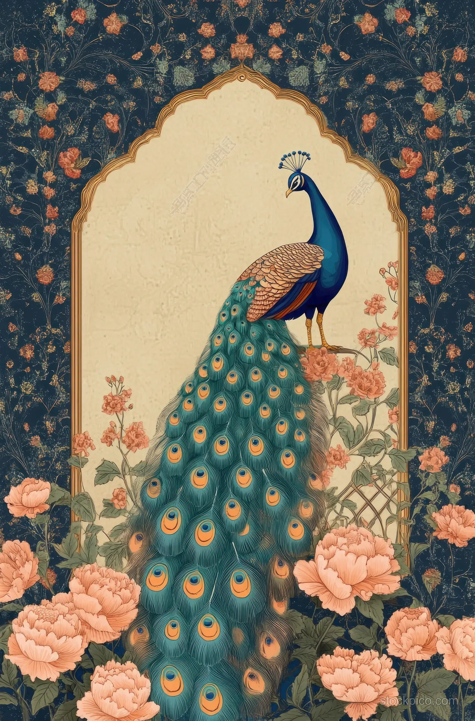 A peacock stands in a framed floral garden scene with pink flowers and a dark patterned border.