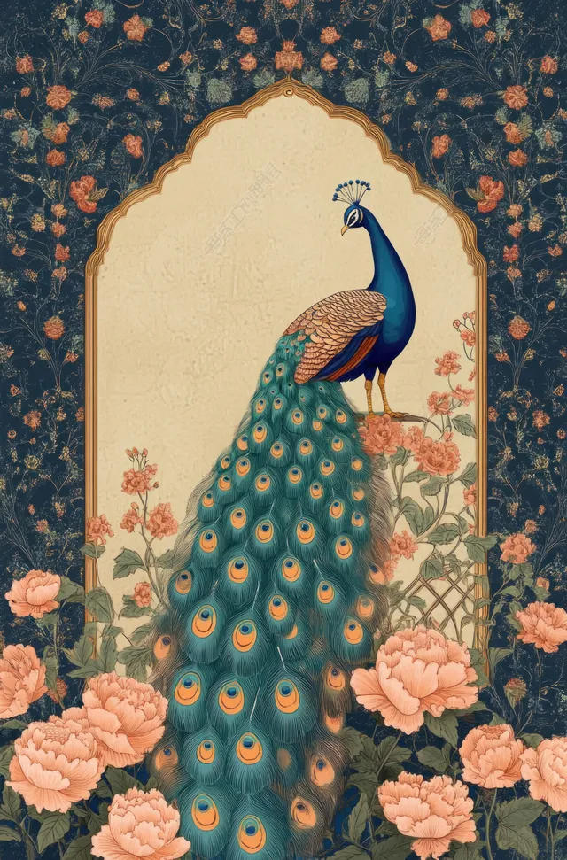 A peacock stands in a framed floral garden scene with pink flowers and a dark patterned border.