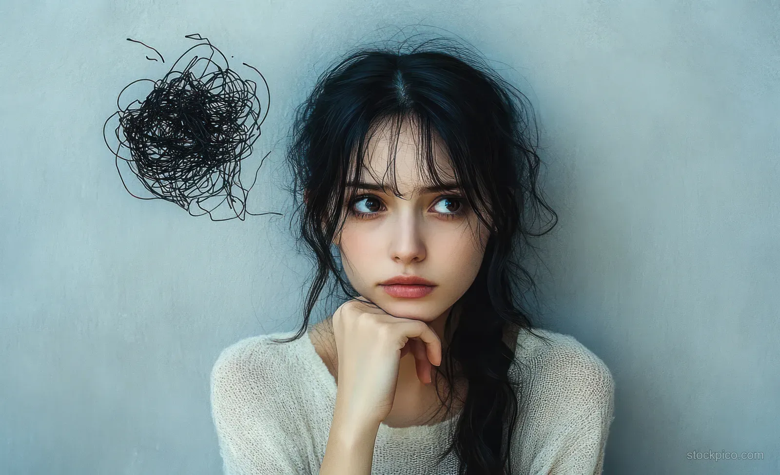 A pensive young woman sits against a plain wall with a scribble cloud suggesting confusion.