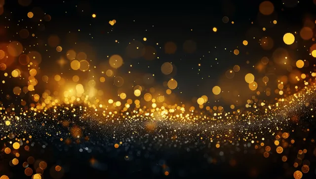 Golden glitter light bokeh glow with sparkling dust against dark festive backdrop