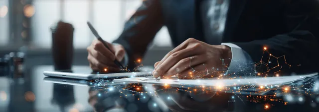 Businessman using tablet with glowing CRM network icons in office, hiring workflow