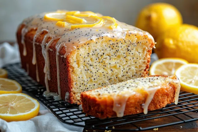 A lemon poppy seed loaf cake sits on a wire rack with glossy glaze, lemon zest, and fresh lemon slices nearby.