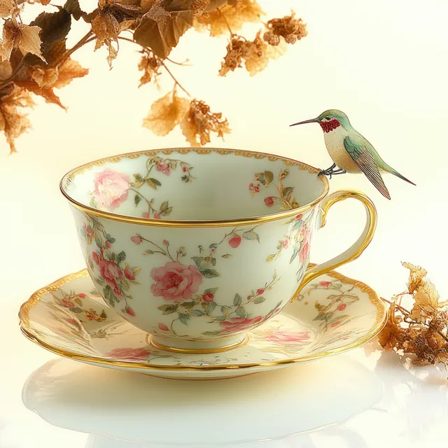 Floral porcelain teacup with gold trim and a hummingbird perched on the handle, shown with a matching saucer and dried flowers.