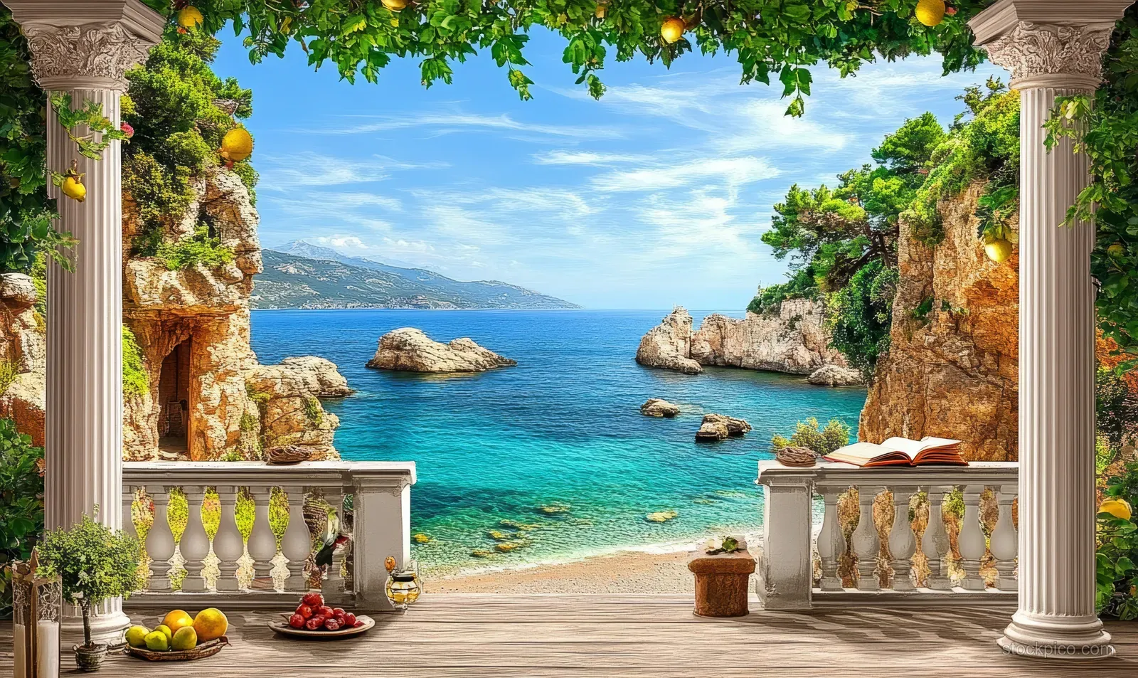 Balcony with stone columns frames a turquoise sea, rocky cove, and distant castle silhouette under blue sky.