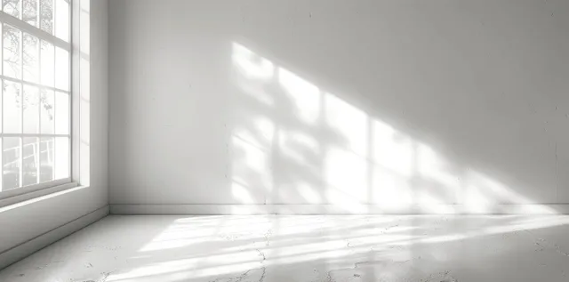 Empty white room corner with large window light casting bright shadow stripes across the wall and floor.