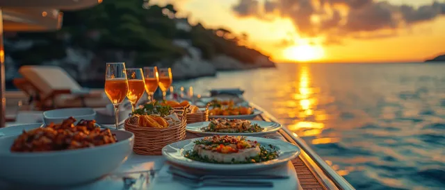A yacht dinner table with gourmet dishes and wine glasses beside a glowing sunset over the water.