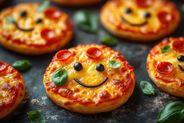Mini Halloween pizzas shaped with monster faces, pepperoni eyes, and olive pupils on dark stone.
