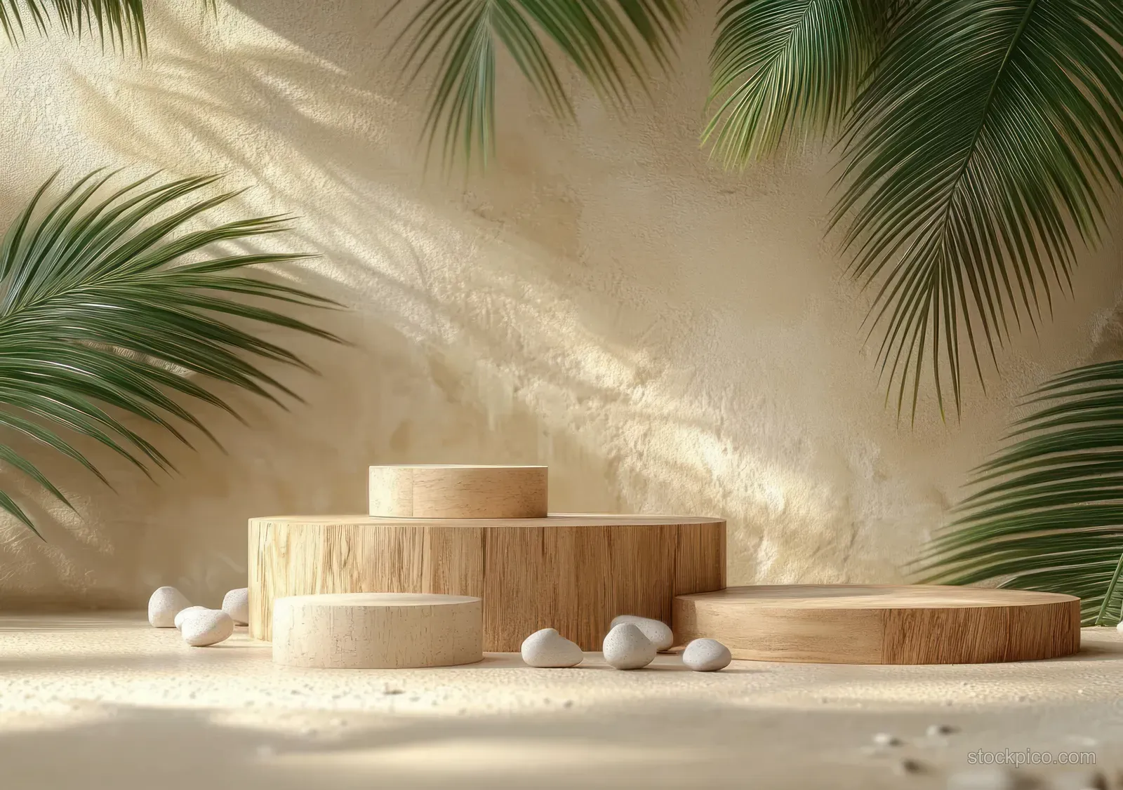 Wooden display platforms sit on sand with scattered stones and tropical palm leaves in soft warm studio light.