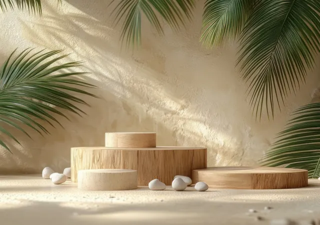 Wooden display platforms sit on sand with scattered stones and tropical palm leaves in soft warm studio light.