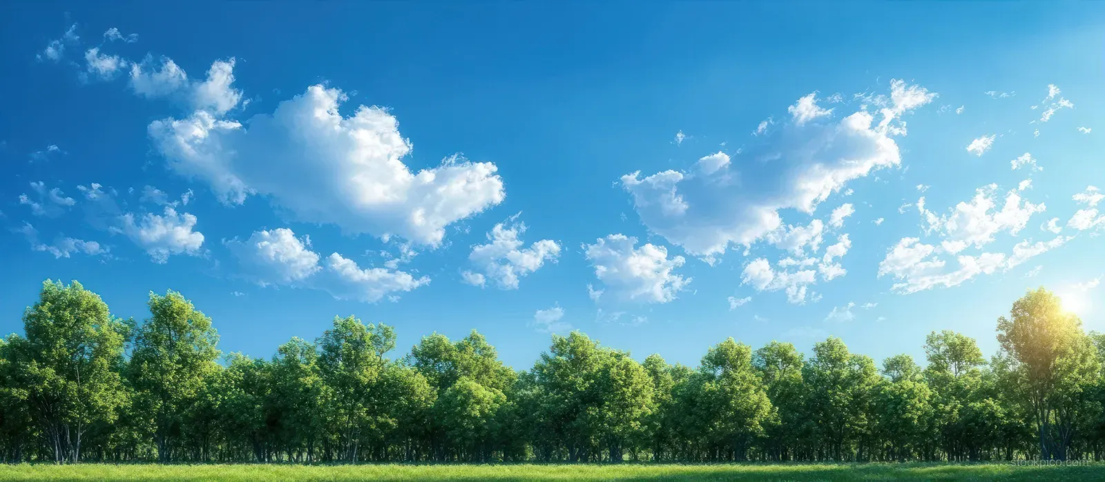Sunlit green forest and grassy meadow stretch beneath a bright blue sky with scattered white clouds.