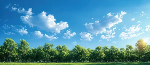 Sunlit forest edge and green meadow under a bright blue sky with scattered clouds
