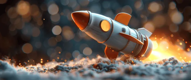 Cartoon rocket blasting off from snowy launchpad with glowing fire and bokeh lights