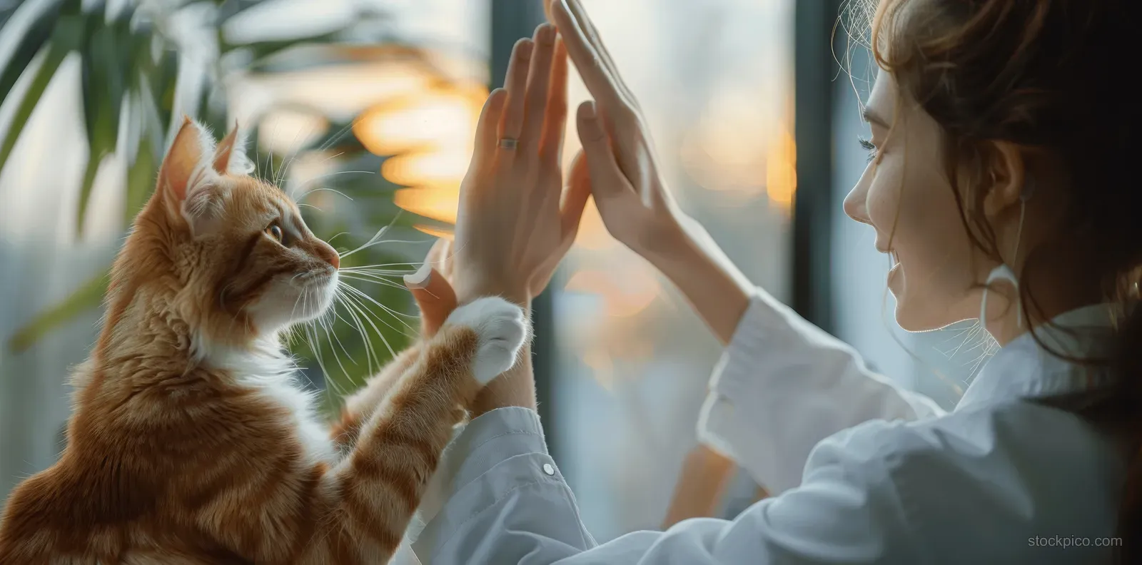 Female veterinarian high-fives an orange kitten beside a sunlit window.
