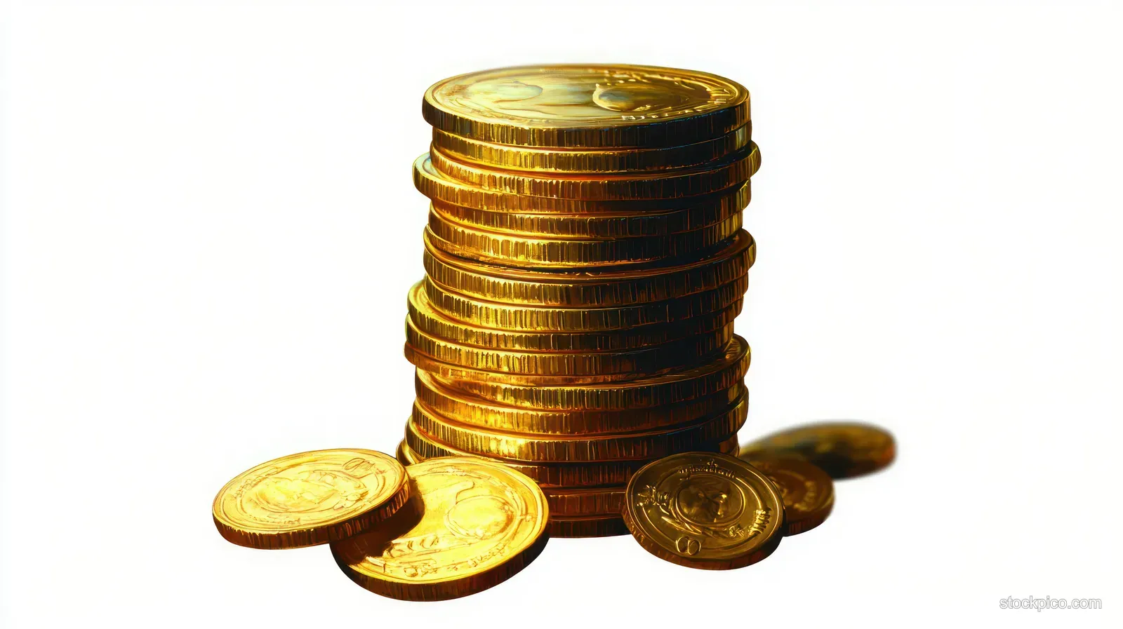 Shiny gold coin stack with a few scattered coins on a plain white background.