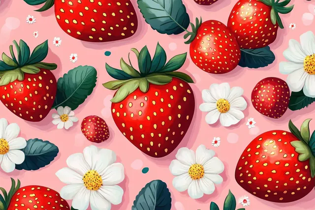 Cute strawberry and white flower seamless pattern with pink background and leafy accents
