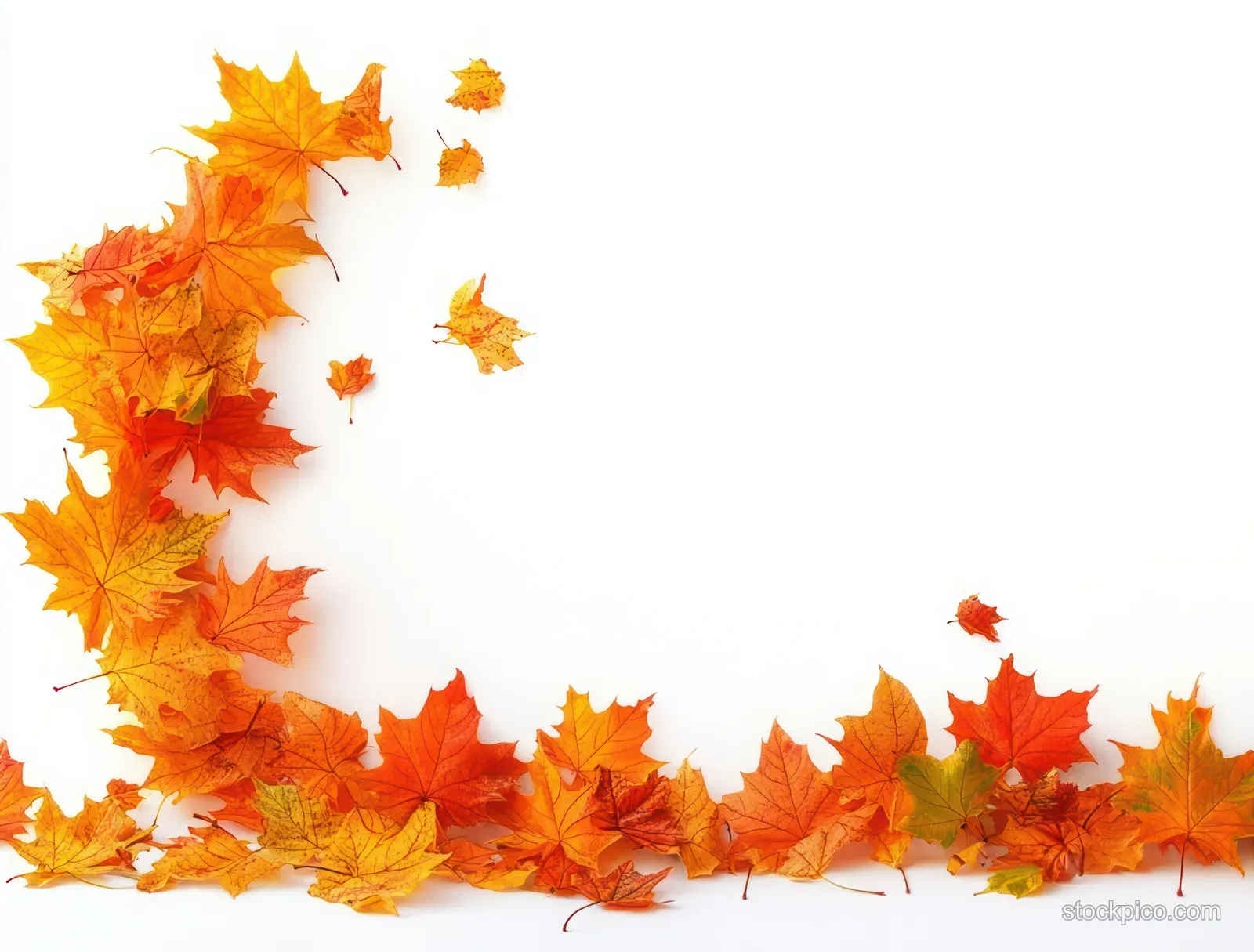 Orange and yellow maple leaves swirl across a white background in midair motion.