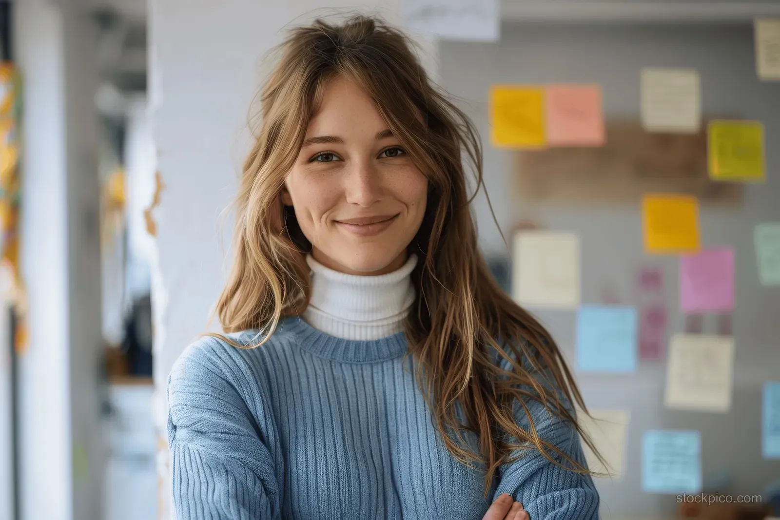 Smiling woman in a blue sweater stands in an office with arms crossed in front of a wall of sticky notes.