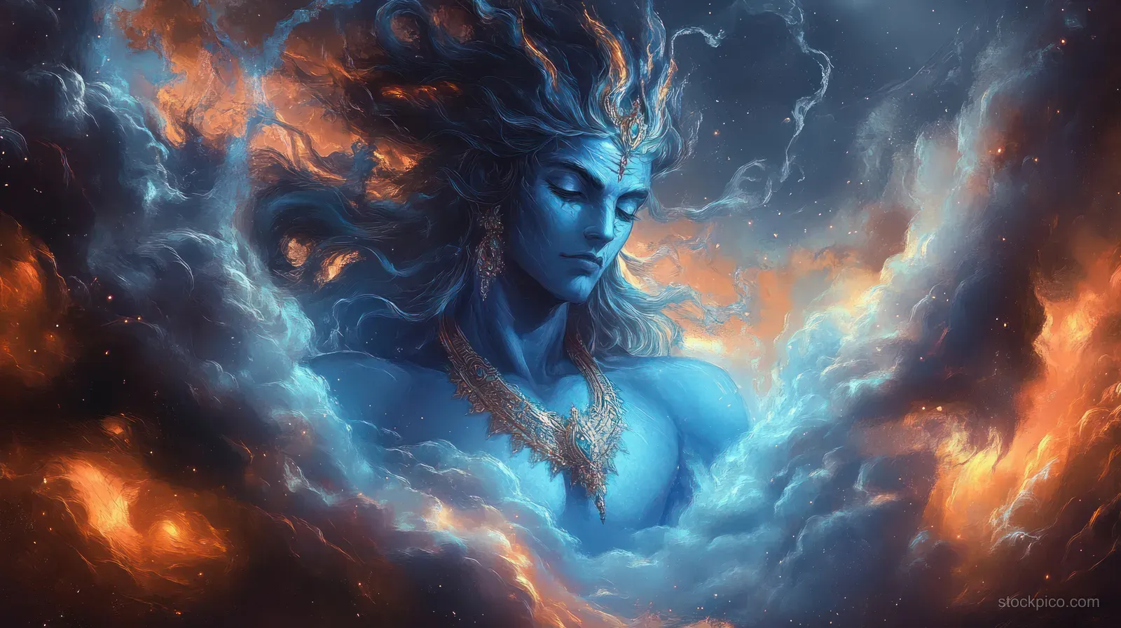 Blue Shiva-like deity emerges from storm clouds and orange flames with a glowing aura behind