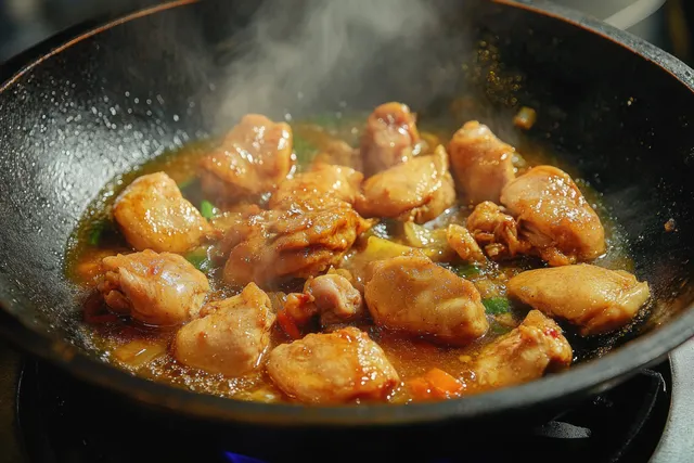 Chicken pieces simmer in a golden wok with steam and a bubbling, textured sauce.