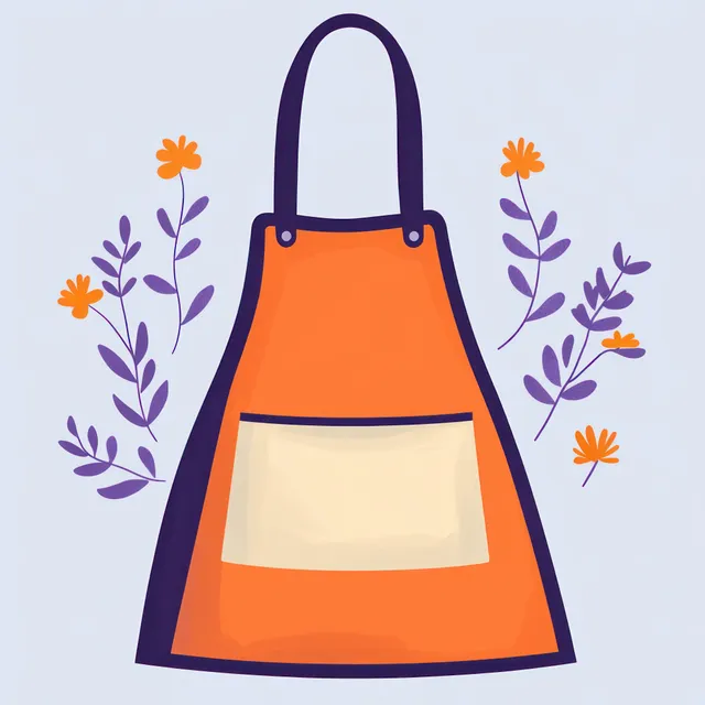 An orange apron with a front pocket is shown with purple leafy branches and small orange flowers on a light background.