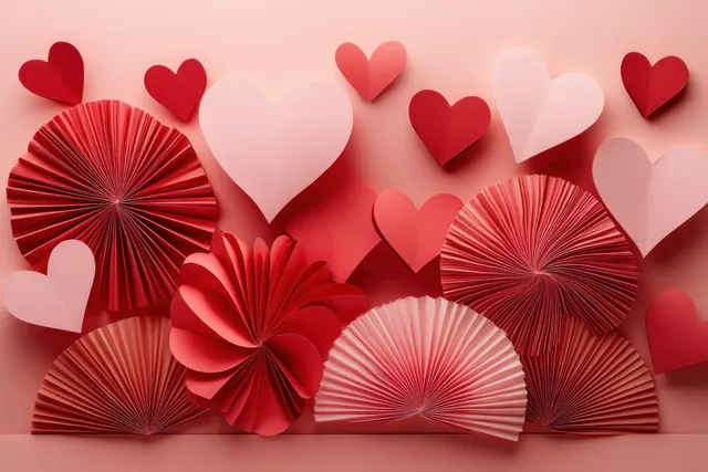 Layered red and pink paper hearts floating above round podiums under soft studio lights.
