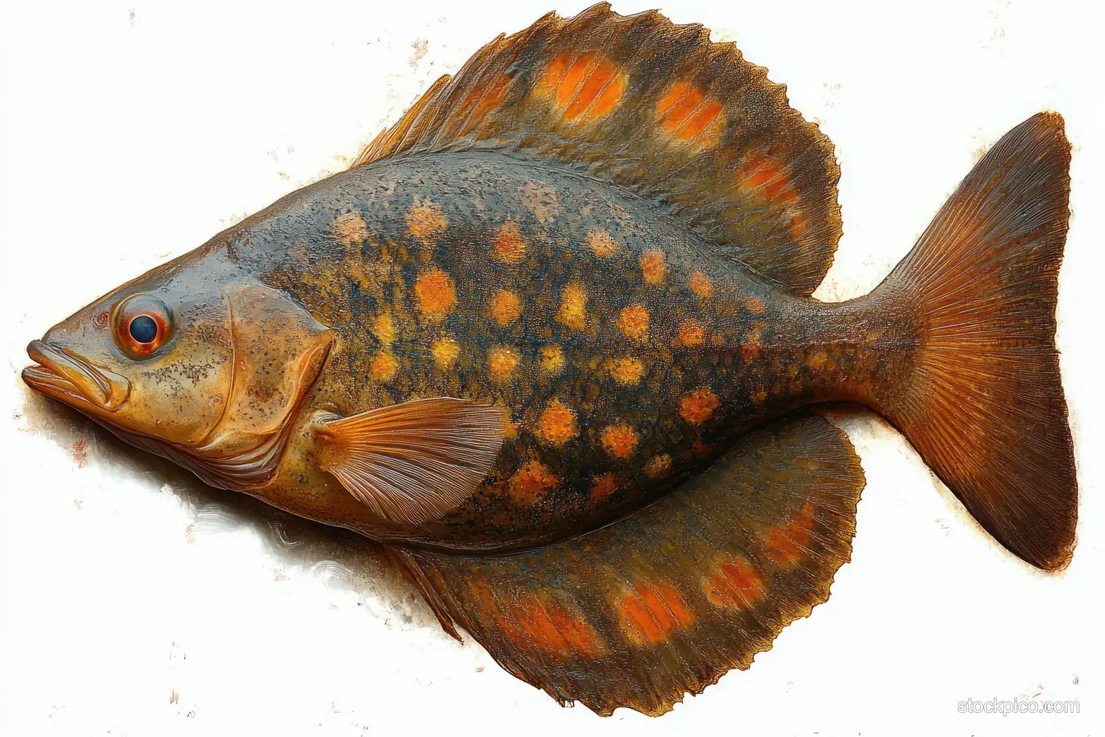 Colorful fish with orange spots and large fins shown in close-up on a white background.