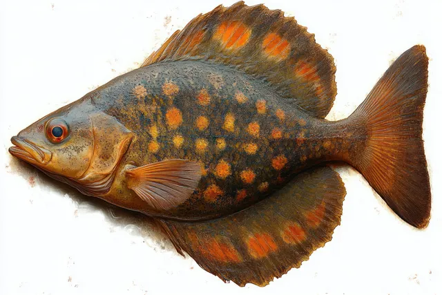 Colorful spotted fish close-up with orange fins and scales isolated on white background