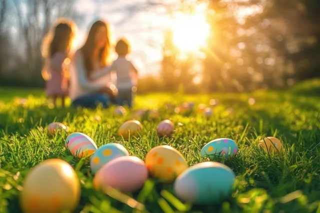 Colorful painted eggs are scattered across green grass with children blurred in the sunny background.
