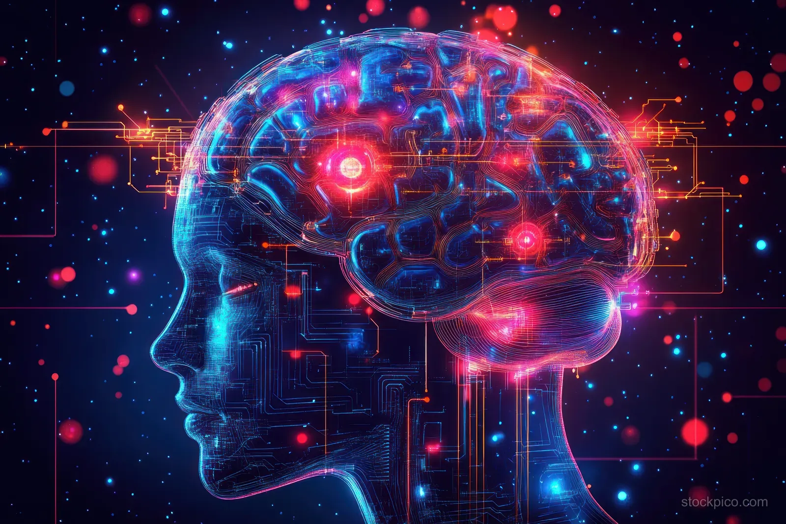 A neon-lit digital brain inside a head outline with glowing circuit paths and data nodes on a dark background.