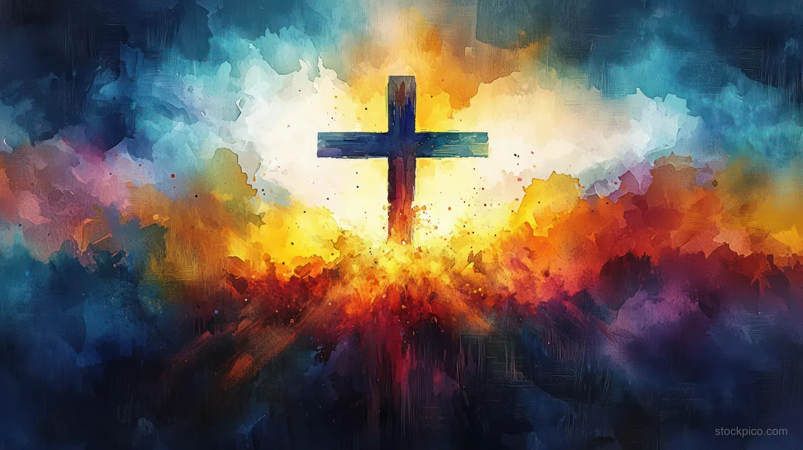 A glowing cross against swirling blue and purple smoke with fiery orange light behind it.