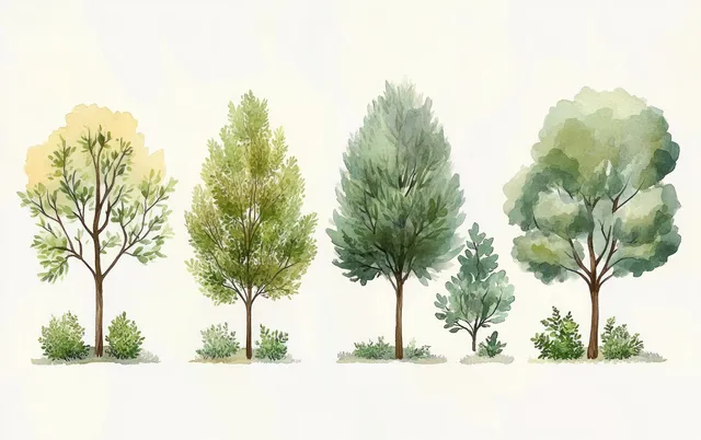 Watercolor five green trees with varied foliage shapes on a soft nature background