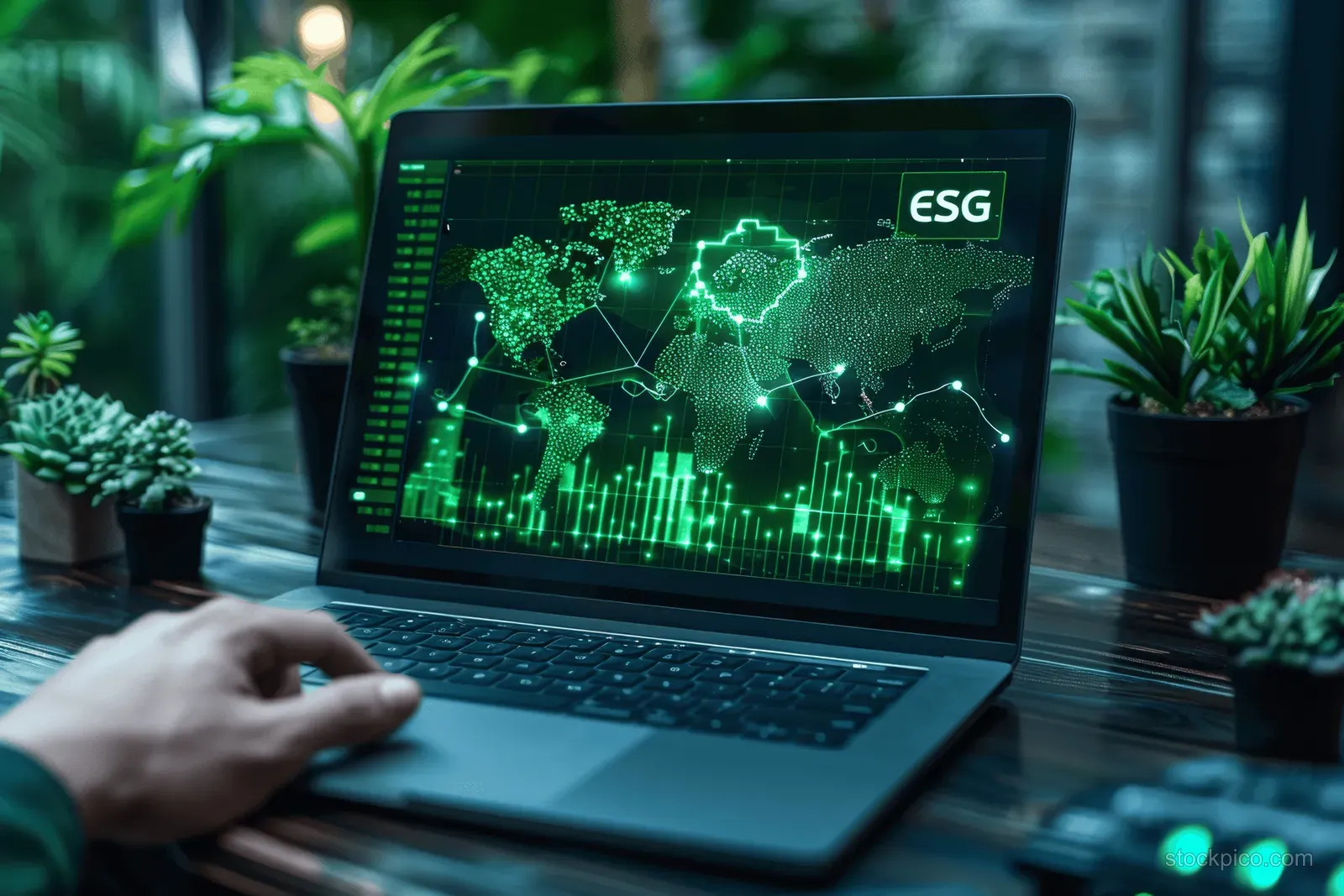 A person’s hand points at a laptop displaying a glowing green ESG dashboard with charts.