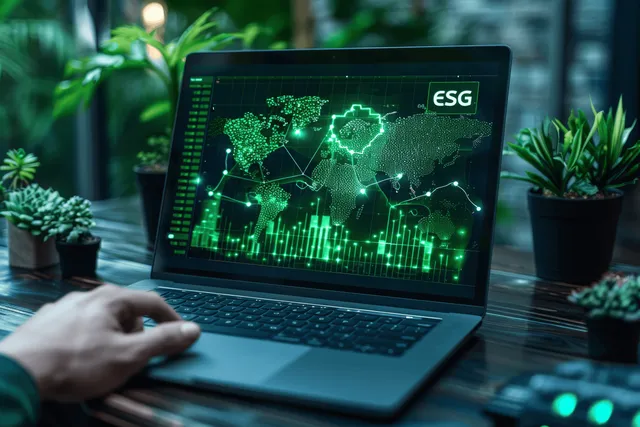 Analyst hand reviews ESG dashboard on laptop with glowing green sustainability network.