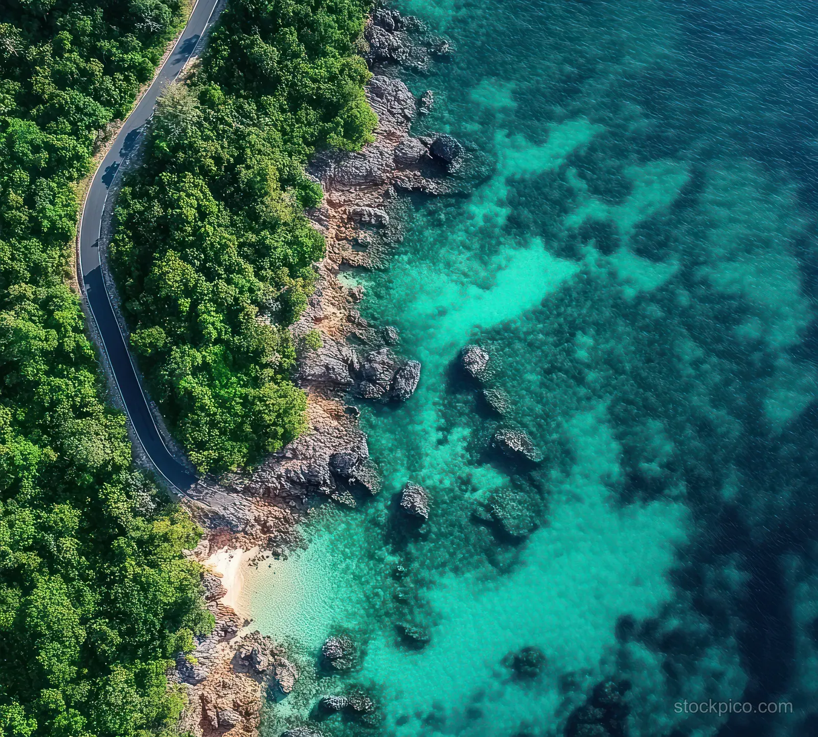 Winding road beside green forest overlooks turquoise water and rocky shoreline with small sandy beaches.