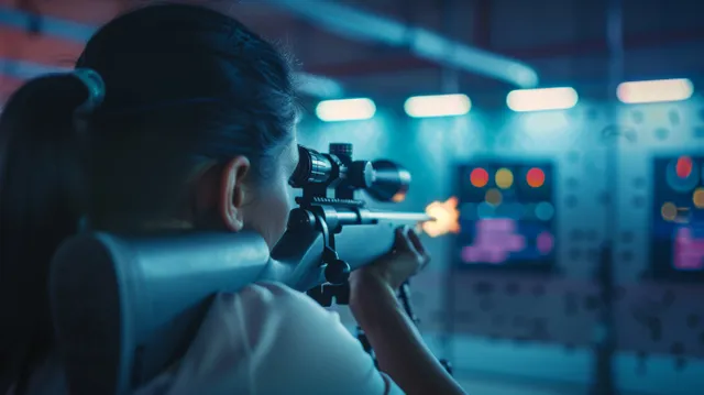 Indian athlete aims a 10m air rifle in an indoor shooting range.